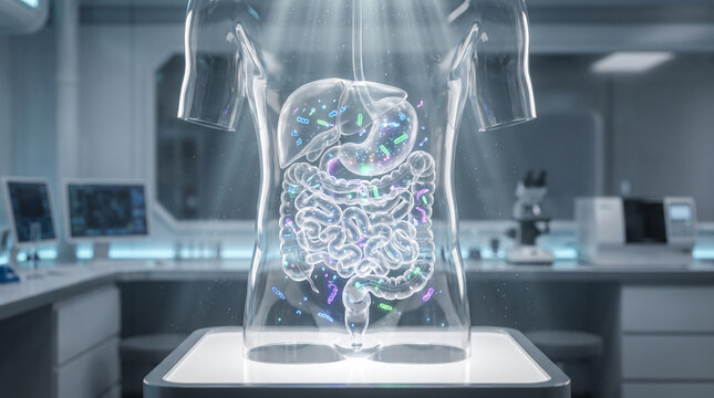 Human gut microbiome with glowing bacteria in digestive system, intestine and stomach, medical 3D illustration, gut health concept