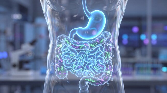Human gut microbiome with glowing bacteria in digestive system, intestine and stomach, medical 3D illustration, gut health concept