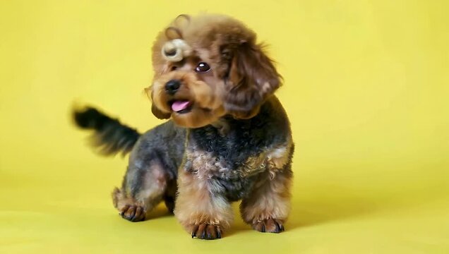 A cheerful and modern 4K pet commercial clip showing a lovable curly brown toy poodle sitting alertly on a vivid yellow background highlighting its charming expressions and high contrast styling
