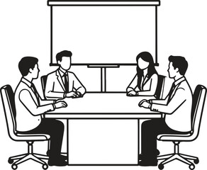 Fototapeta premium Business Meeting: Four professionals are gathered around a conference table, participating in a meeting with a blank projector screen in the background.