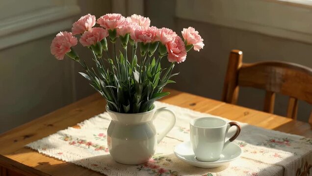 A warm high resolution 4K lifestyle scene featuring an inviting afternoon tea table arrangement adorned with delicate porcelain cups and freshly cut pink carnations bathed in a soft bright window