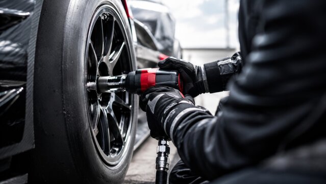 Pit crew member uses pneumatic wrench to change tire on a racing car during a pit stop