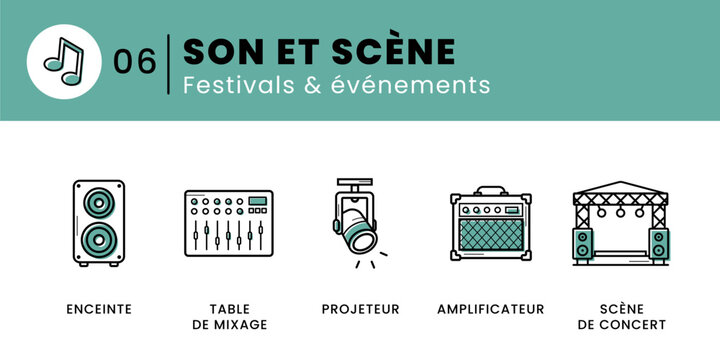 Planche de cinq pictogrammes vectoriels d&eacute;di&eacute;s &agrave; la sonorisation et &agrave; la sc&egrave;ne : enceinte, table de mixage, projecteur, amplificateur et sc&egrave;ne de concert pour festivals, spectacles et &eacute;v&eacute;nements