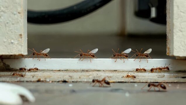 A fascinating ultra HD 4K macro nature sequence capturing a busy line of tiny black sugar ants moving diligently along a wooden doorframe highlighting complex insect behavior with beautiful