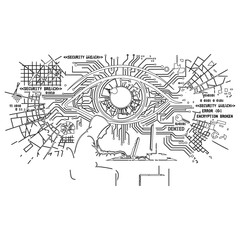 Obraz premium Cyber Security Hacker Outline with Abstract Digital Eye and Circuit Board Interface Vector Illustration