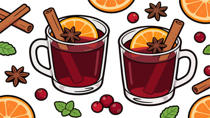 Seamless Pattern Mulled Wine Glass with Cinnamon Stick, Star Anise, Orange Slice, Cranberry and Mint Leaf - Christmas Winter Hot Drink Cartoon Vector Background © Amanda