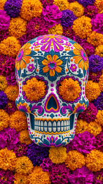 Imagem gerada por IA perfeita para o conceito de celebra&ccedil;&atilde;o do Dia dos Mortos. Caveira de a&ccedil;&uacute;car mexicana colorida (calavera) em um fundo de flores vibrantes de cempas&uacute;chil laranja e roxas