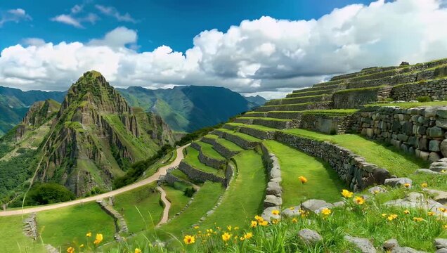 Breathtaking 4K drone perspective of the terraced stone ruins and sacred steps of Inkilltambo in Cusco capturing the intricate masonry and rich cultural history of this Peruvian mountain heritage