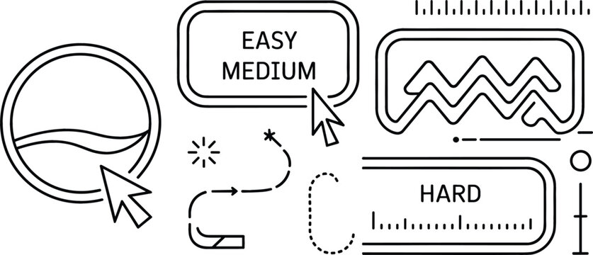 Game difficulty level setting vector icon set featuring easy medium hard buttons cursor clicks and outline graphics