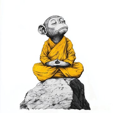 Monkey in meditation wearing a yellow robe sitting on a rock