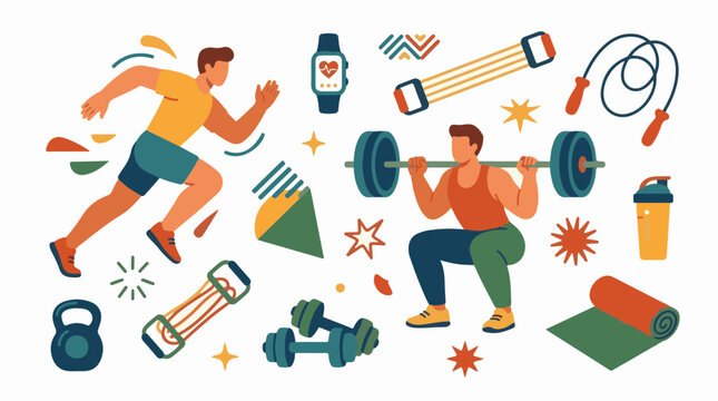 Dynamic illustration of fitness activities and equipment abstract shapes