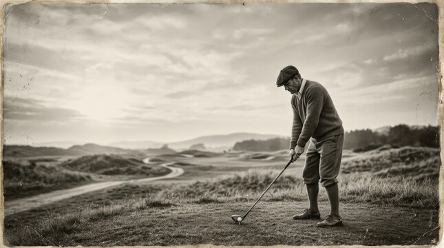 Early twentieth century golfer preparing to swing on golf course