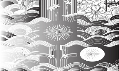 Luxury Japanese Wave Seamless Pattern with Traditional Floral and Sun Motifs. © FATIMA