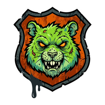 Fierce Zombie Rat Shield Graphic Featuring Neon Green Undead Rodent Mascot Illustration With Glowing Orange Eyes Set Inside A Rough Distressed Frame
