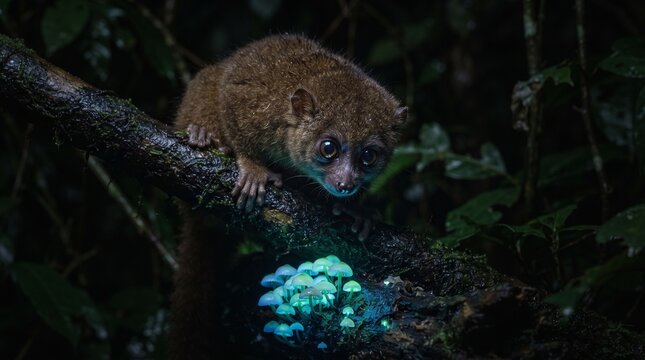 Curious Nocturnal Lemur Gazing at Bioluminescent Mushrooms in a Dark Rainforest.