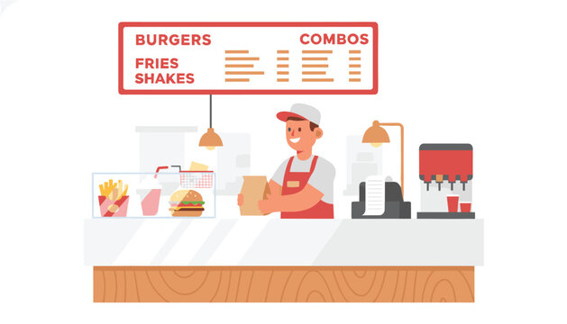 Friendly fast food cashier working behind the counter with menu board, burger, french fries, and soda machine.