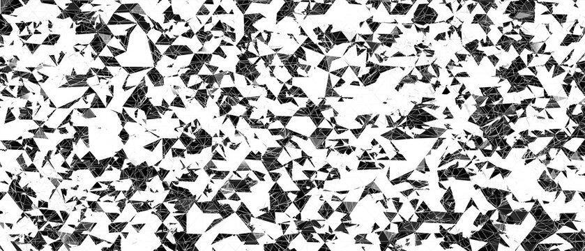 Black and white abstract geometric mosaic pattern with distressed texture and sharp edges.