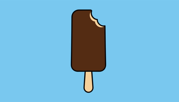 Delicious chocolate popsicle ice cream bar on a wooden stick with a bite taken out on a light blue background.