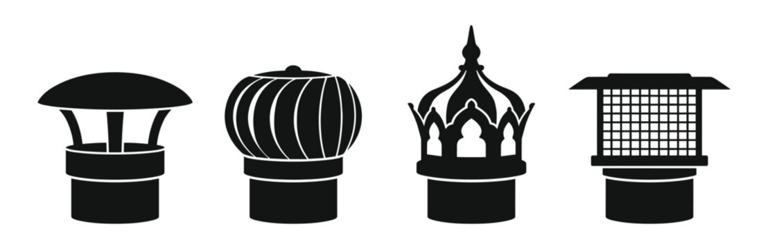 Set of black silhouette chimney cowl icons in flat style on transparent background.
