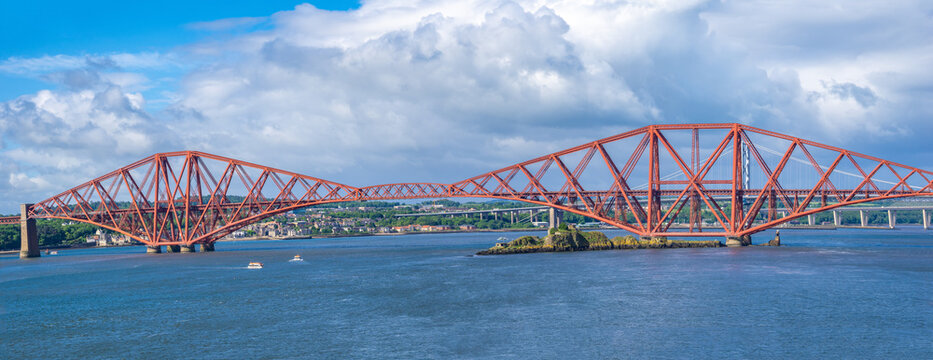 Panoramic view of Forth Bridge across the Firth of Forth west of central Edinburgh, East Scottland