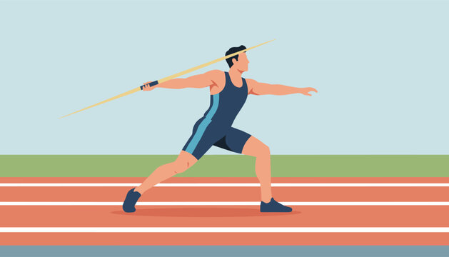 Athletic male competitor throwing a javelin spear on a running track during an outdoor stadium sports event.
