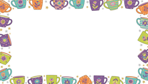Creative frame border composed of colorful patterned coffee cups, tea mugs, and little stars on white background.