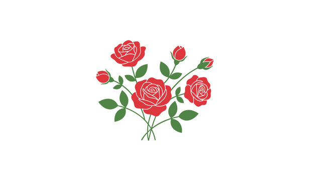 Elegant bouquet of beautiful red roses with fresh green leaves and small rosebuds on white background.