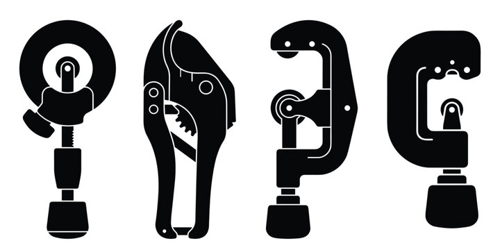 Set of black silhouette pipe cutter icons in flat style on transparent background.