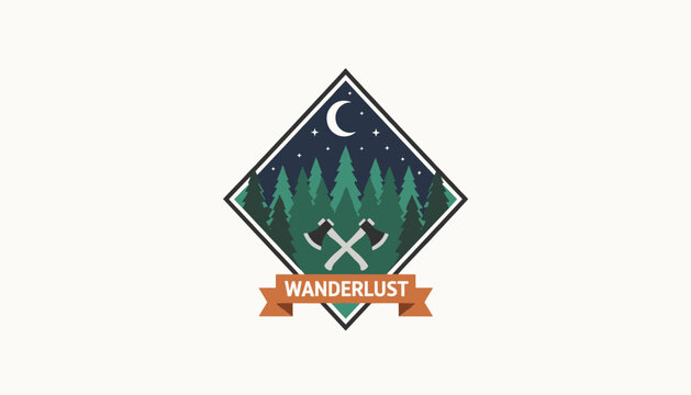 Vintage outdoor adventure patch featuring forest, pine trees, crossed axes, moon, stars, and wanderlust banner.