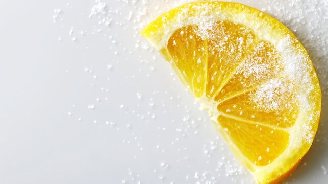 Lemon slice with sugar crystals creating a sweet and sour food concept, showcasing vibrant citrus fruit on a clean white background in a macro close-up view