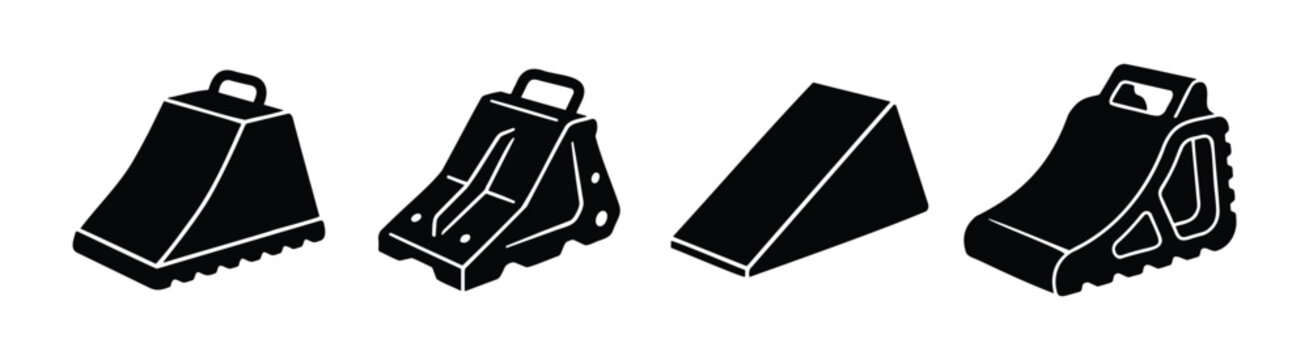 Set of wheel chocks for secure vehicle parking and industrial safety equipment flat icons.