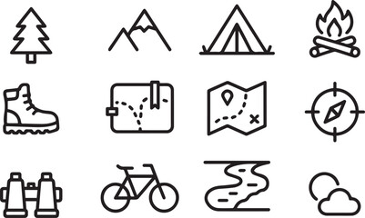 Camping and hiking icons set with mountains tree tent fire and bicycle for outdoor adventure activities © jobaida
