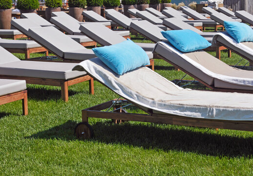 rows of sunbeds with pillows in a park