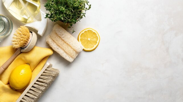 Natural eco cleaning flat lay with lemons, spray bottle, brushes, loofah sponge and yellow cloth on white background, biodegradable, non-toxic household essentials for green living