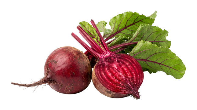 Fresh red beet vegetable with green leaves whole and half cut isolated on transparent background png studio.
