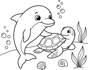 Naklejka premium Cute dolphin and sea turtle coloring page, underwater ocean animal line art, black and white vector illustration for kids