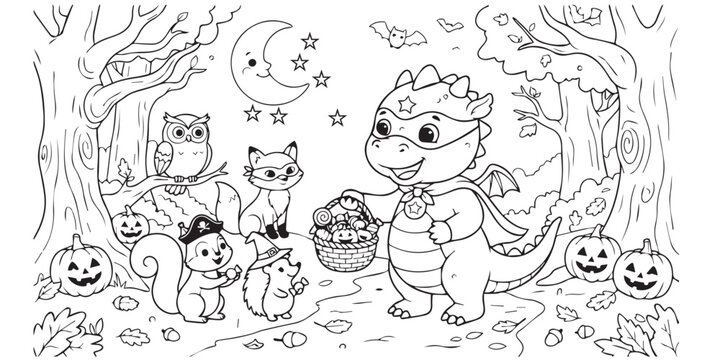 Halloween dragon collecting candy. Spooky forest illustration with trick-or-treat basket. A friendly dragon collects Halloween treats in a spooky forest with friends.