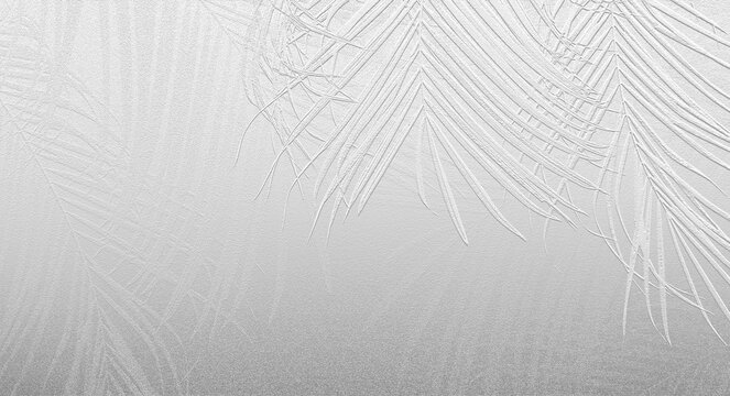 A textured metallic silver background featuring embossed palm leaf patterns hanging from the top right corner.
