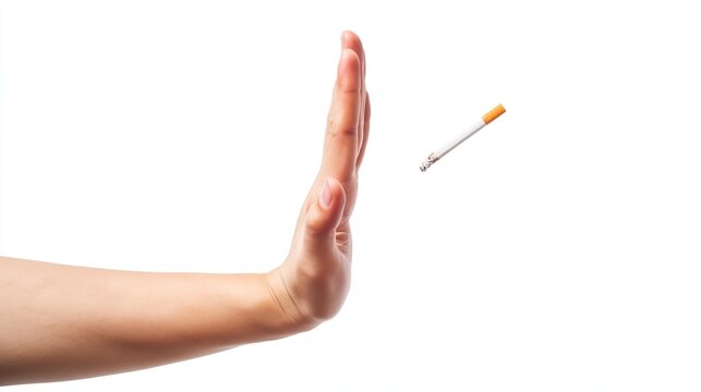 Hand making a stop gesture preventing a burning cigarette from approaching, symbolizing health choices, addiction refusal, and quitting smoking for a better lifestyle