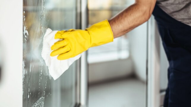 Person in yellow protective gloves diligently cleaning a glass window with a white cloth, ensuring hygiene and professional service for a spotless home environment