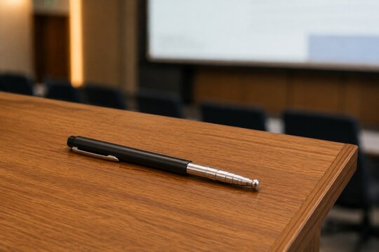 A telescopic pointer retracting on a wooden lectern with a blurred background.