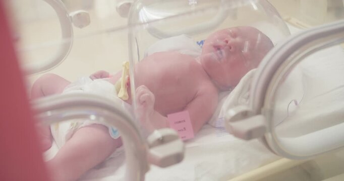 A newborn infant with an umbilical cord clamp rests safely inside a modern hospital incubator, representing neonatal care and the fragility of new life.