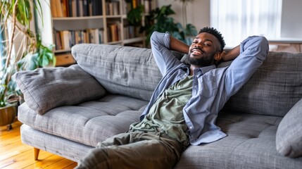 Fototapeta premium Young african american man relaxing on a comfortable sofa in his modern living room, enjoying leisure time and feeling content at home in a bright apartment