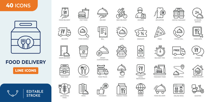 Food delivery icon set. Containing food, delivery, restaurant, take away, fast food, scooter, deliver, menu, grocery, and more. Editable stroke. Vector illustration