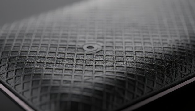 Closeup medium shot of matte grid microtextured plastic surface showcasing precise geometric patterns enhancing grip and modern aesthetics on electronic device housings.