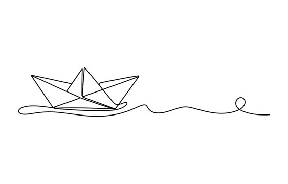 Continuous single line drawing of a simple paper boat floating on water
