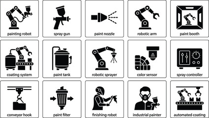 Obraz premium Set of industrial painting and robotic coating icons, including painting robot, spray gun, paint booth, robotic arm, and automated coating system