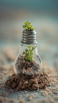 A small green plant growing inside a light bulb on soil.
