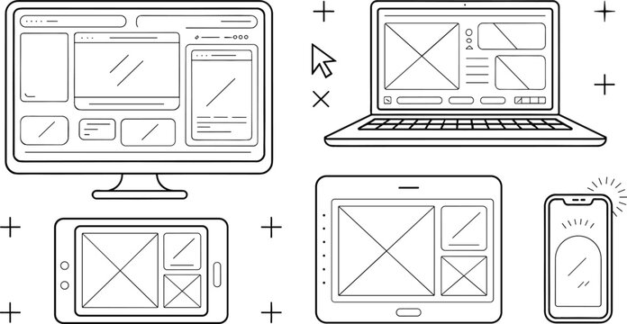 Responsive web design wireframe vector icon set featuring desktop laptop tablet smartphone layouts and UI outline graphics