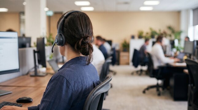 Back View of Woman Wearing Headset Working at Desk in Modern Call Center, Customer Support and Office Collaboration Concept